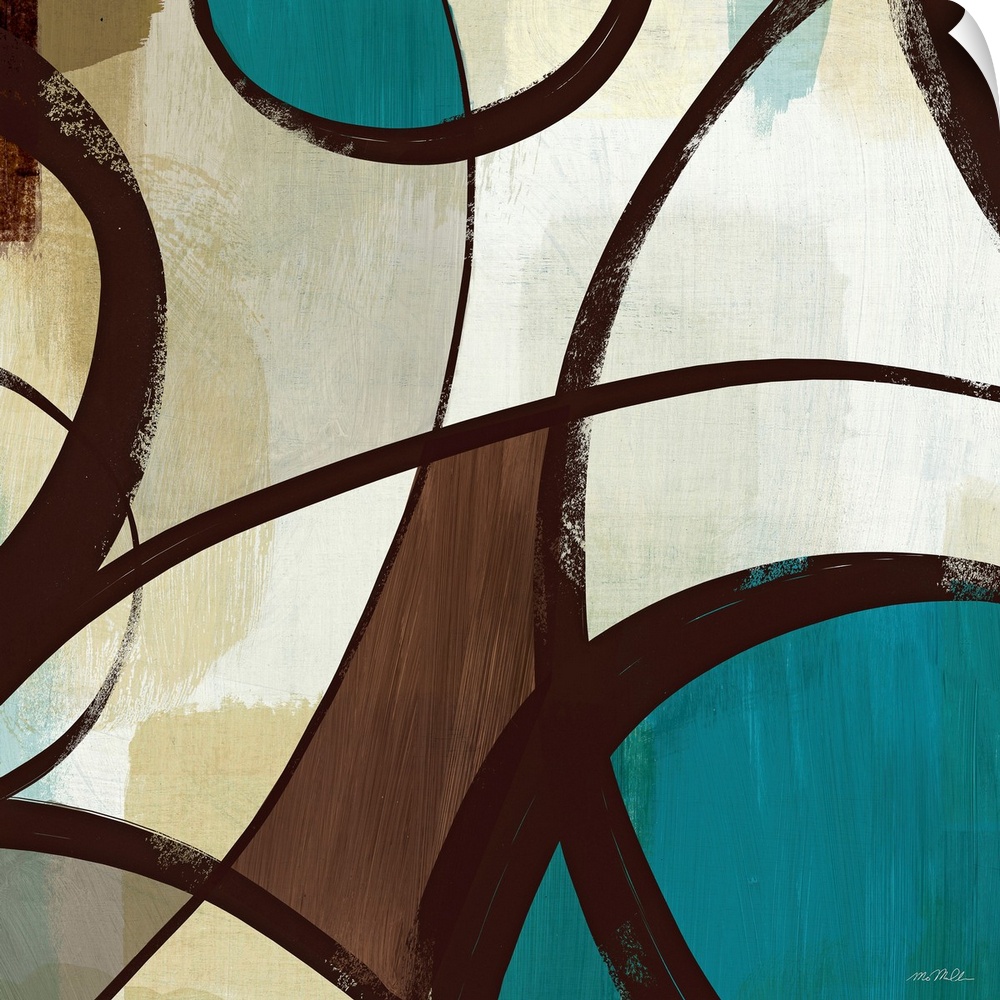 Contemporary abstract artwork in teal and neutral tones with wide, sweeping brushstrokes.