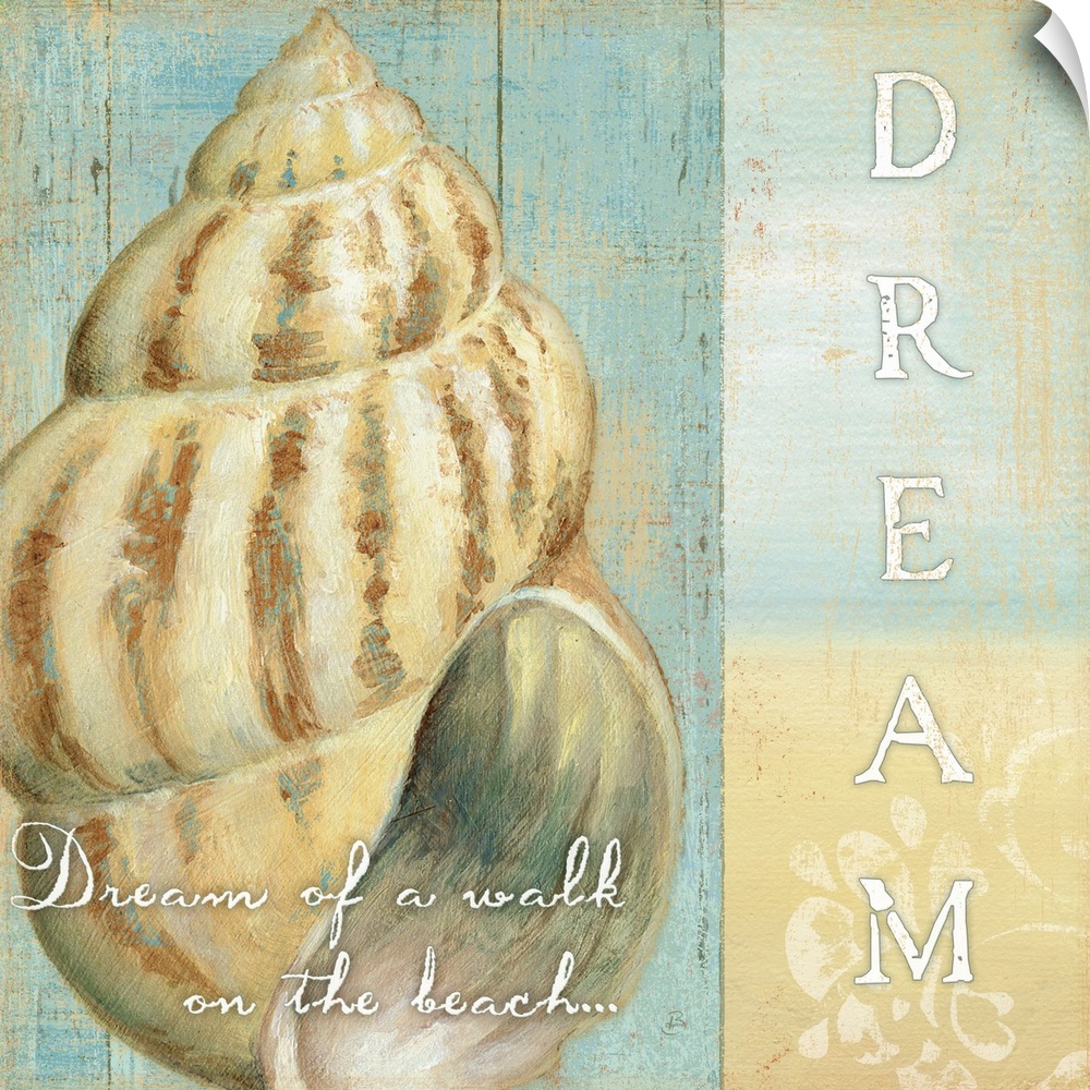 Square, beach themed home art docor of a large shell on the left side against a wood textured background, text below the s...