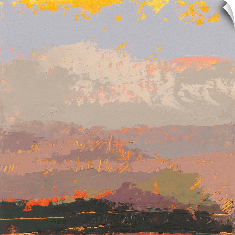 A square abstract landscape in warm textured colors of yellow, orange and pink.