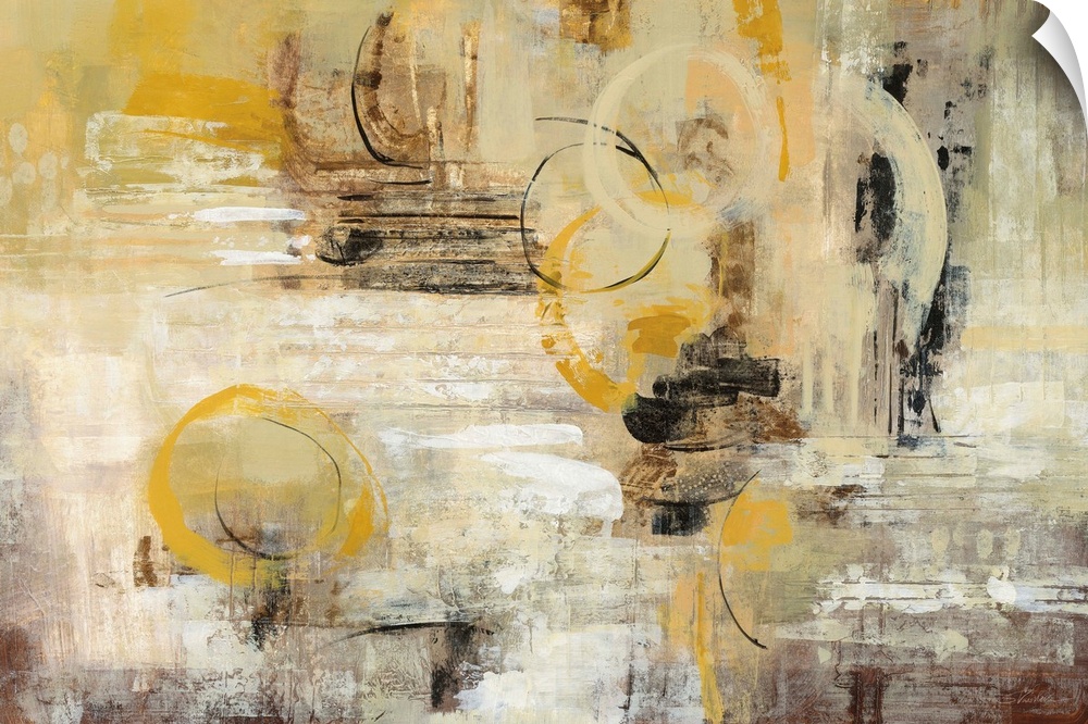 Rectangular abstract painting with vertical brushstrokes and sporadic painted circles creating movement throughout.