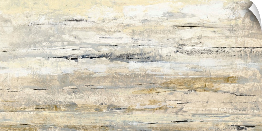Abstract painting with neutral colors running horizontally across and pops of gold.