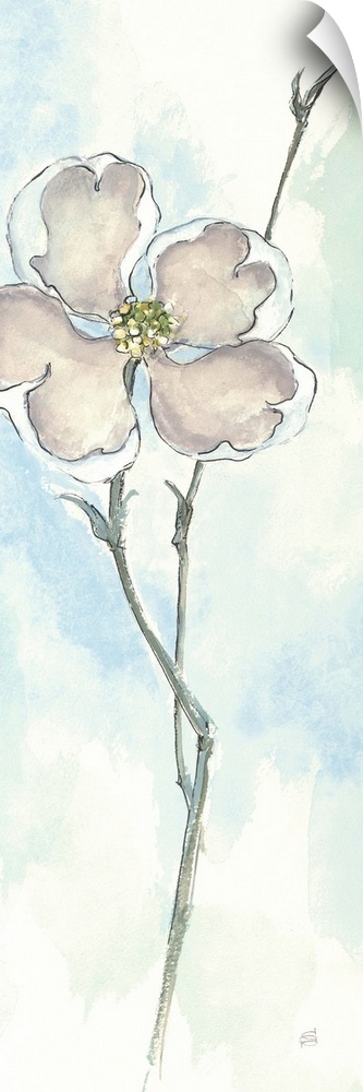 Contemporary painting of a white flower with a thin stem, against a light blue background.