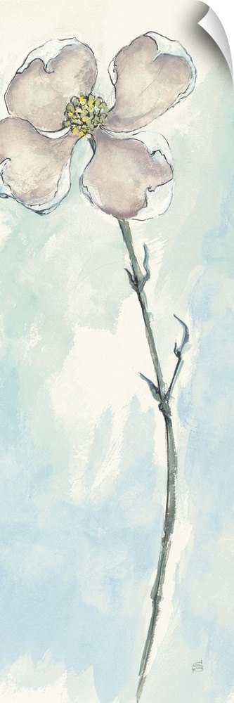 Contemporary painting of a white flower with a thin stem, against a light blue background.