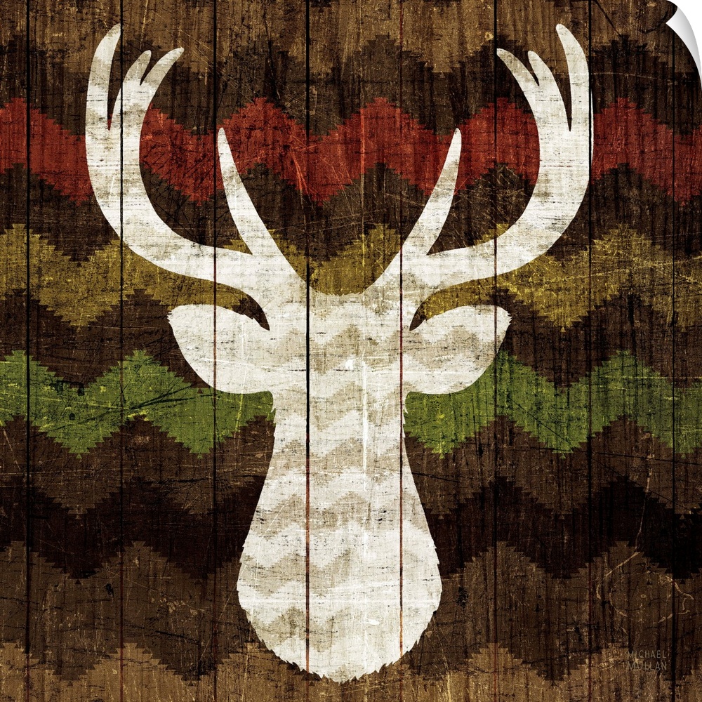 Artwork of a deer head silhouette on a wooden panel, decorated with Southwestern shapes.