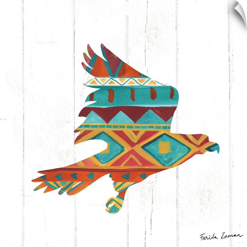 An illustration of a hawk with a southwestern pattern on a white wood panel background.