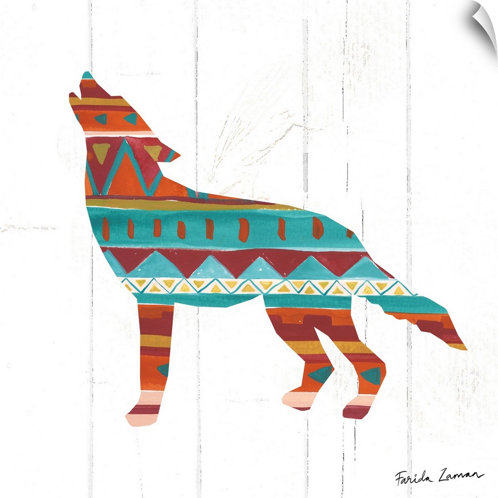 An illustration of a coyote with a southwestern pattern on a white wood panel background.