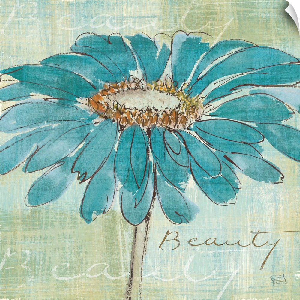 Contemporary painting of a blue flower close-up in the frame of the image.