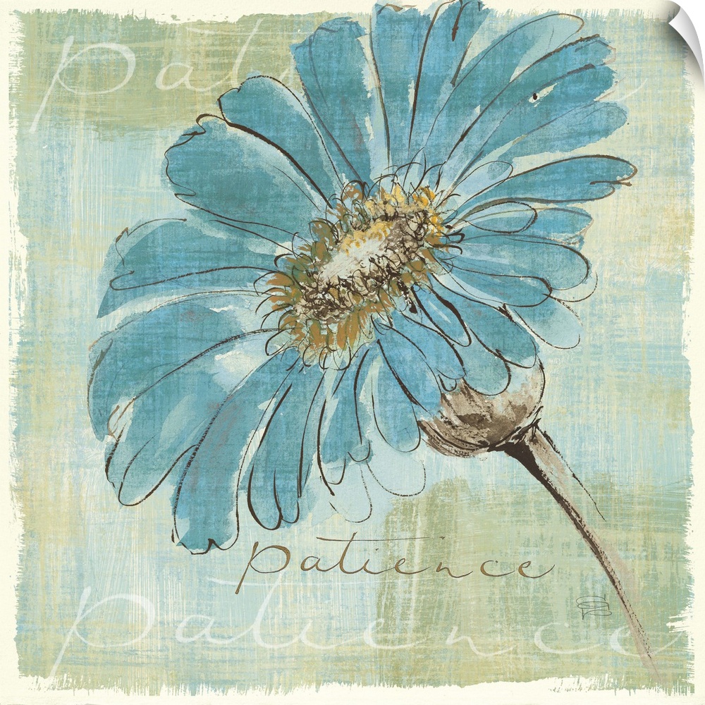 Contemporary painting of a blue flower close-up in the frame of the image.