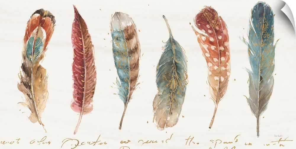 Contemporary painting of a bird feathers laying on a white background in warm tones of brown, red and blue.