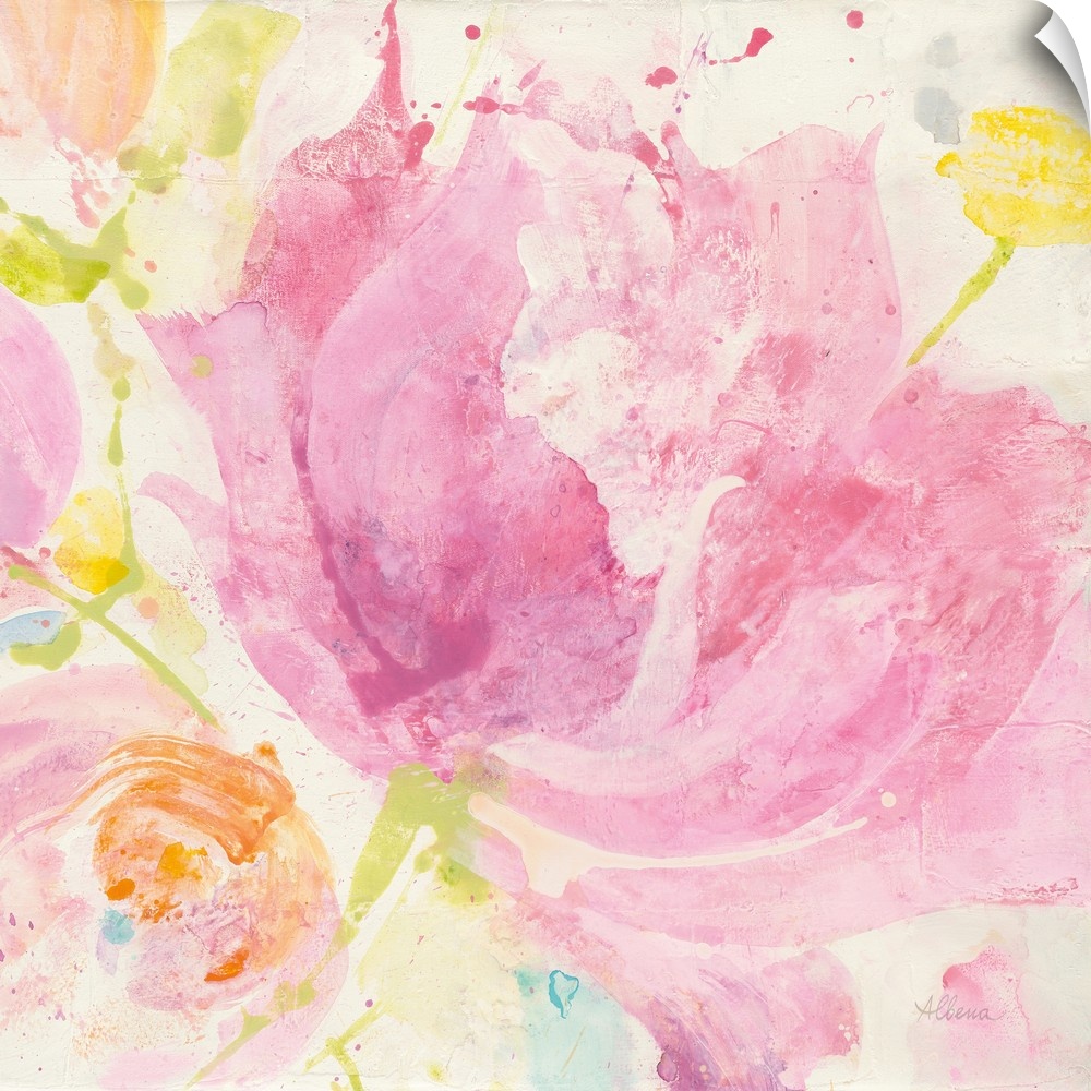 Square abstract painting of colorful Spring flowers on a white background.