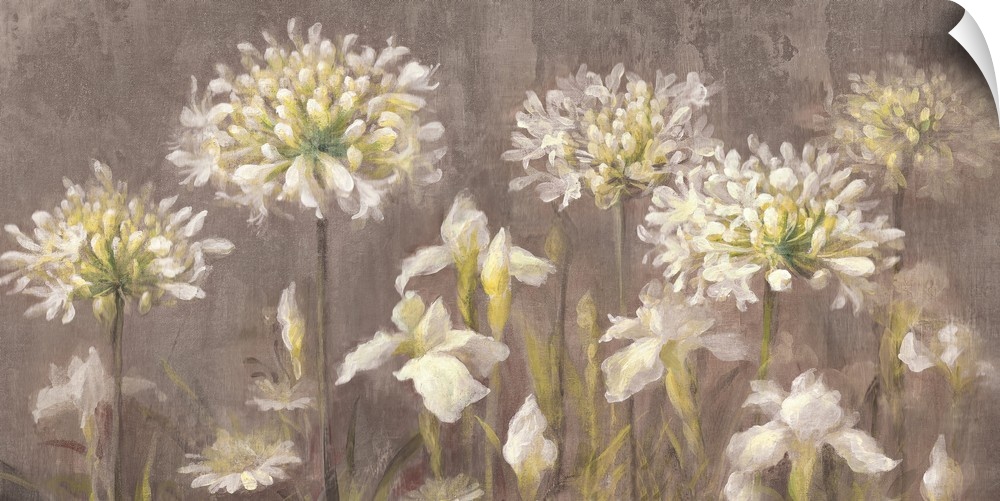 Contemporary painting of blooming white flowers in a garden.