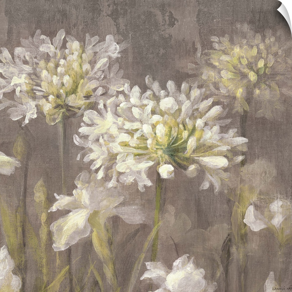 Contemporary painting of white flowers on a tan background.