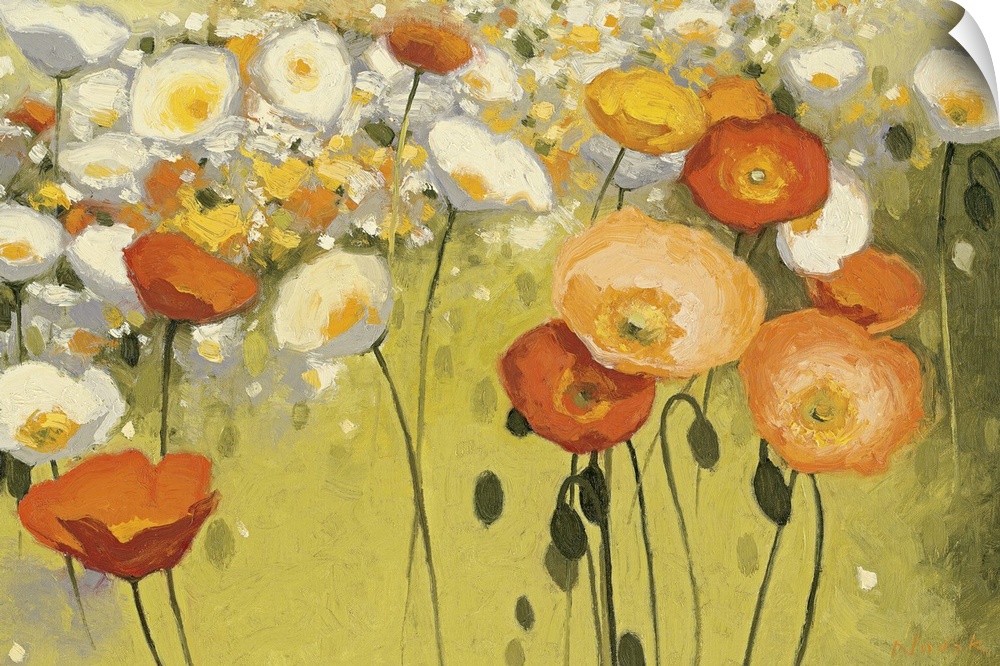 Painting of a field of flowers in a mix of cool and warm tones.