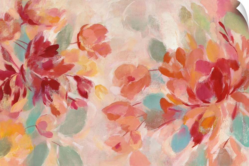 Abstract painting of pink and red flowers with hints of warm orange, blue, green, and yellow hues.