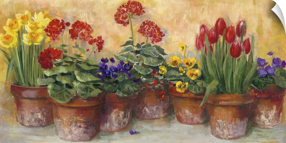 A large horizontal painting of a row of potted flowers in warm colors.