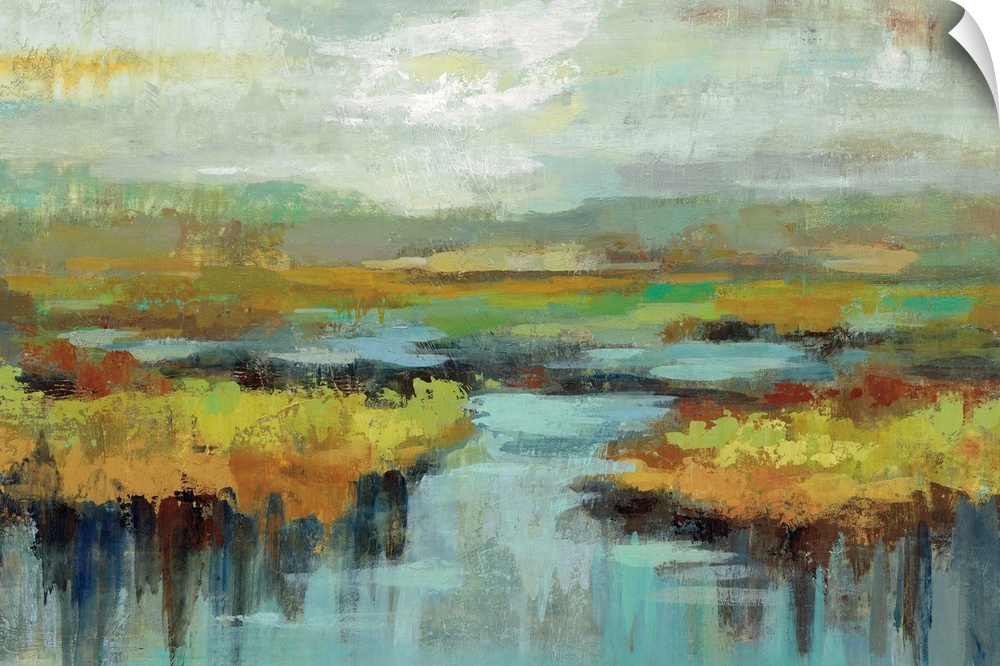 Contemporary painting of a marshland in a dreary atmosphere.