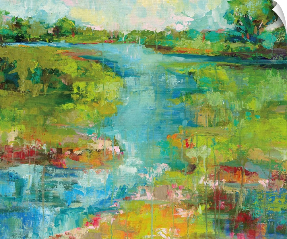 Contemporary painting of a river running through a landscape.