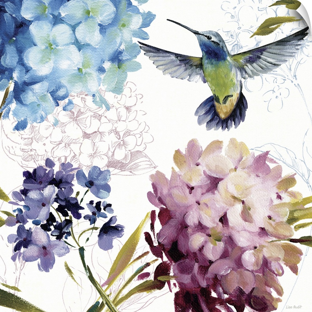 Square painting on a large wall hanging of several colorful, small bunches of flowers, a hummingbird flies toward one of t...