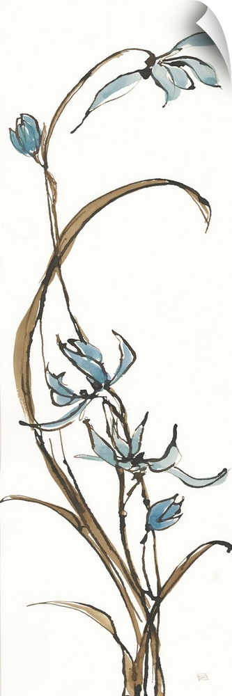 Tall, rectangular watercolor painting of orchids in tan and blue on a solid white background.
