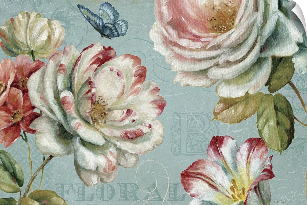Horizontal painting on canvas of flowers with a butterfly fluttering above them and text layered in the background.