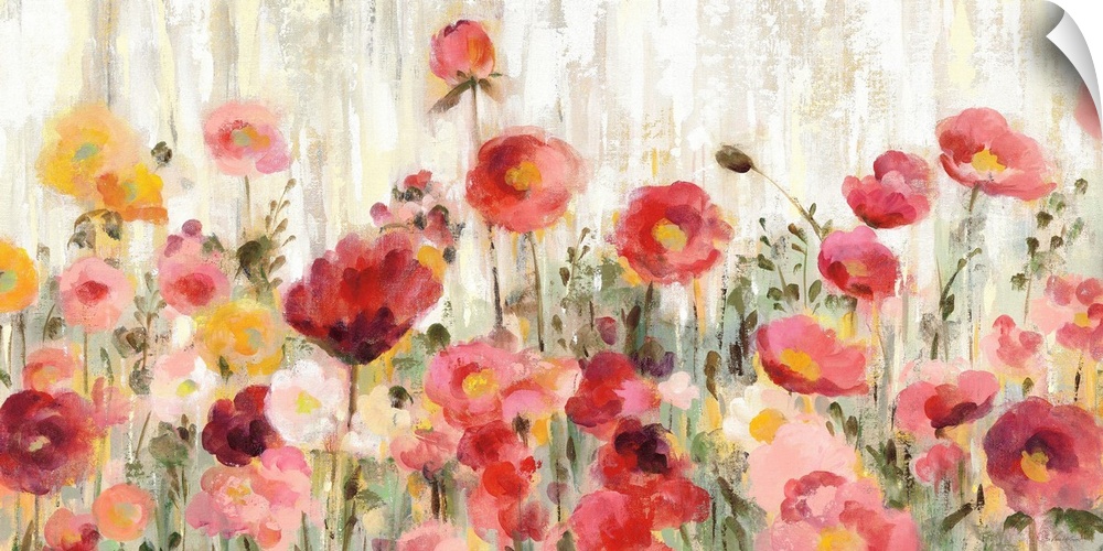 Contemporary painting of warm pink, red, and yellow wildflowers in a field with a streaked background made with brown, cre...