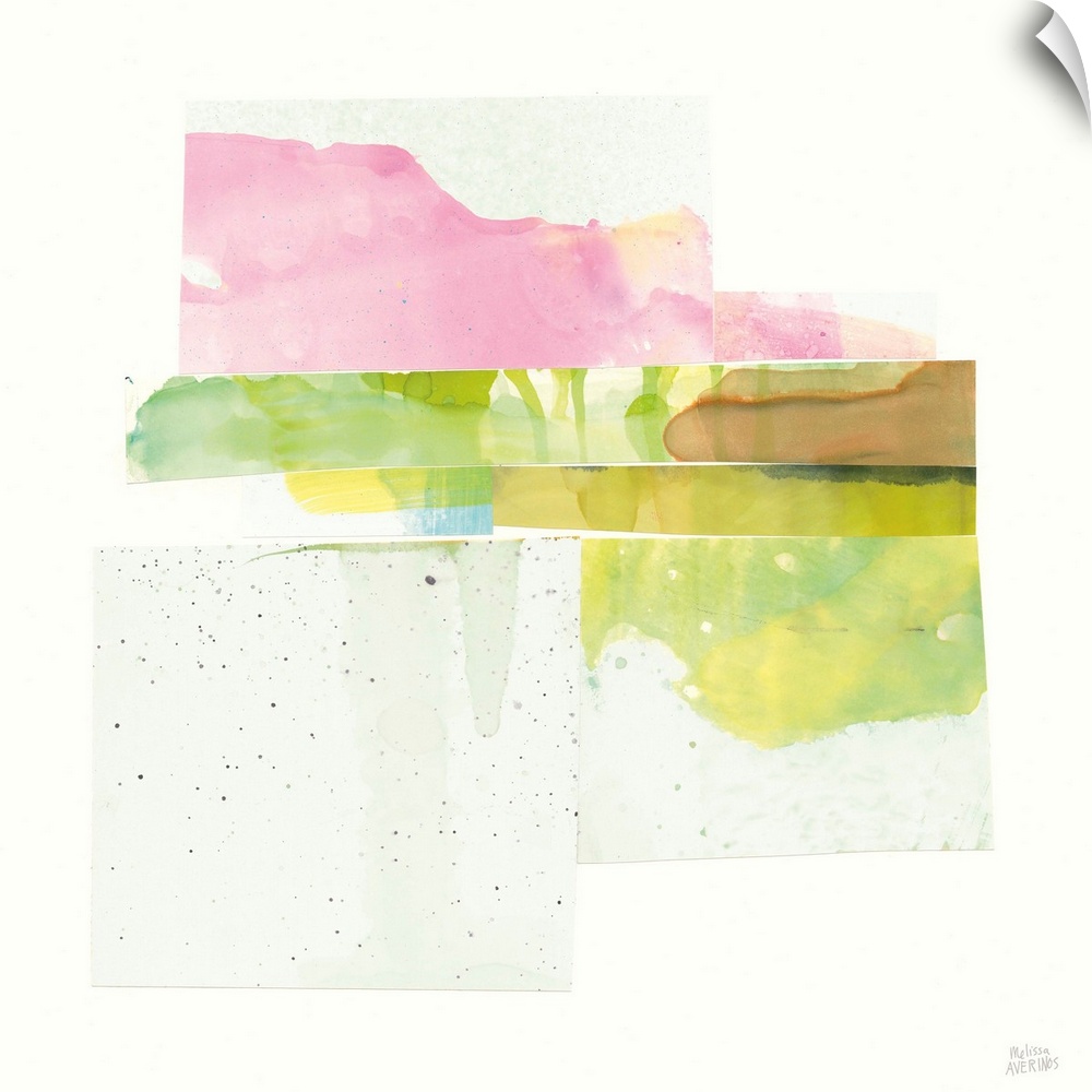 Contemporary artwork featuring rectangular sections of bright watercolors arranged in a cohesive stack.