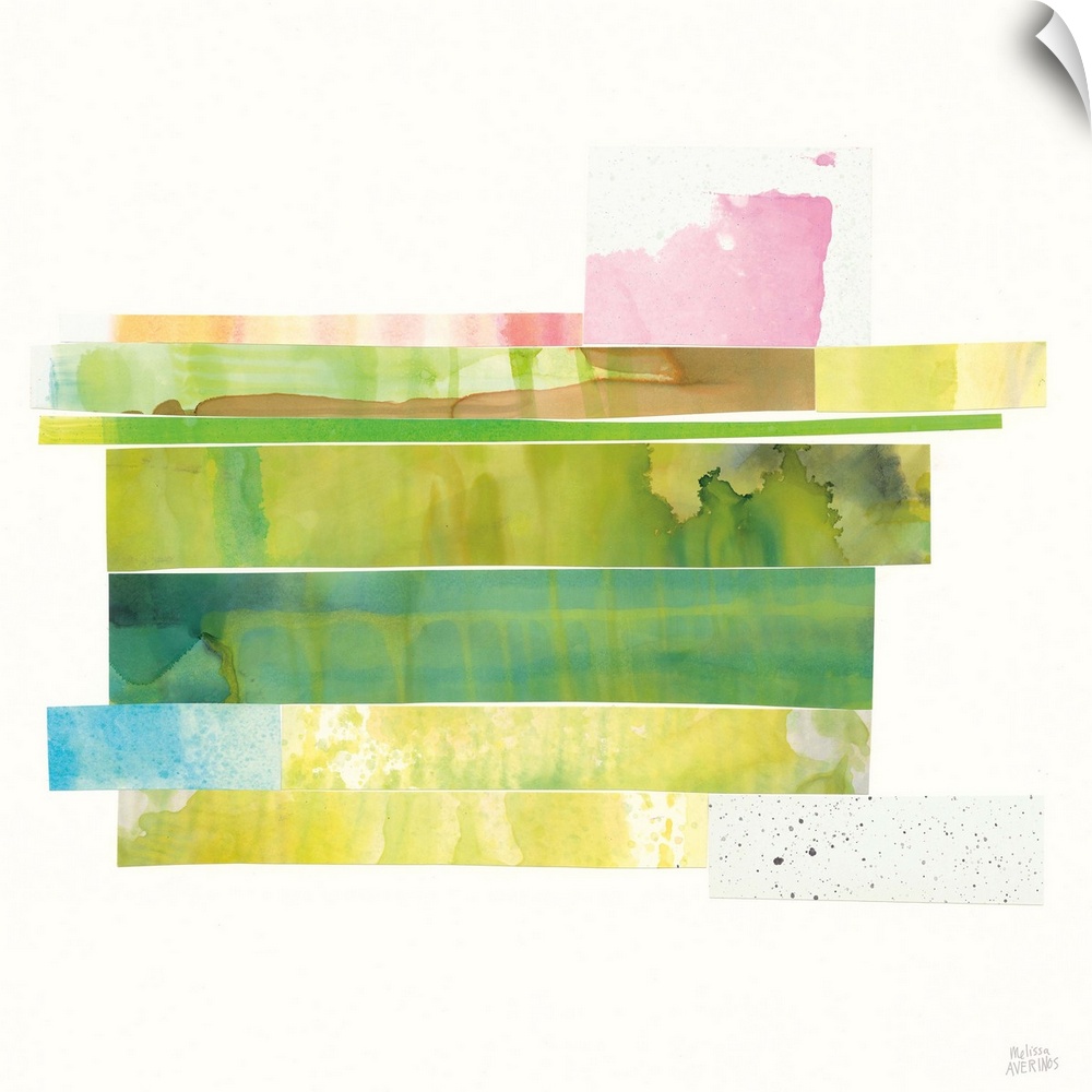 Contemporary artwork featuring rectangular sections of bright watercolors arranged in a cohesive stack.