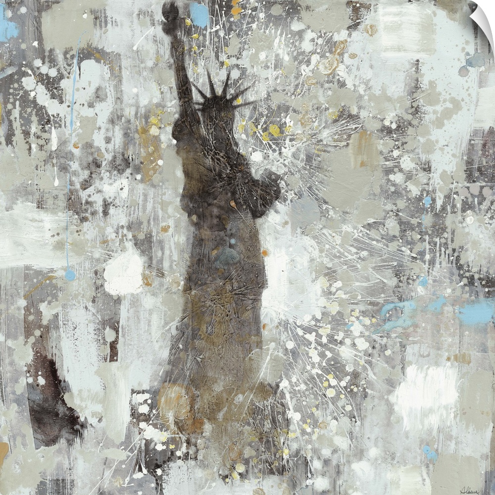 Contemporary painting with paint splatters against the Statue of Liberty in silhouette.