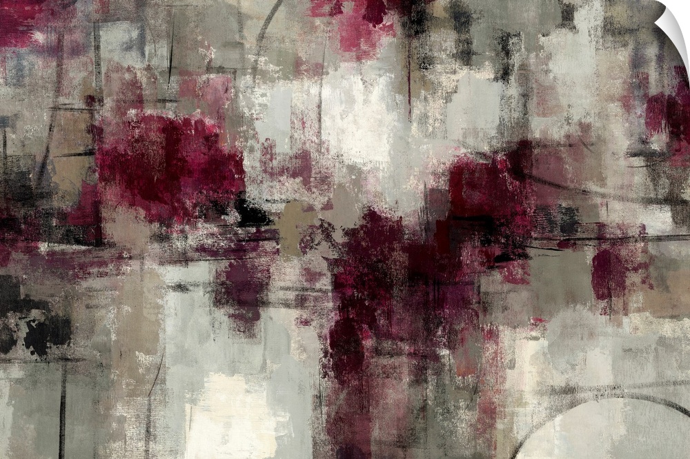 Abstract painting with dry brush strokes and patches of maroons on a neutral textured background.