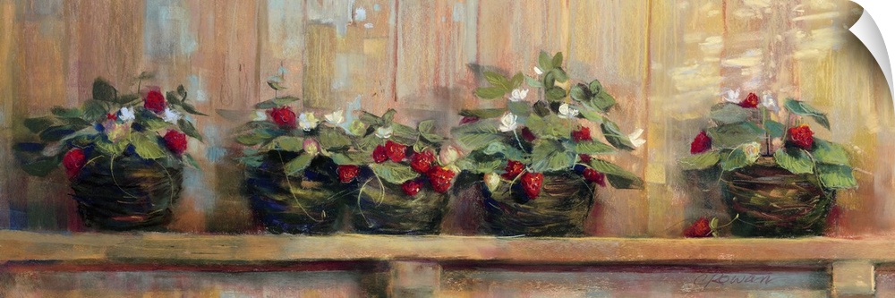 Long canvas painting of strawberry plants in pots on a wooden shelf.