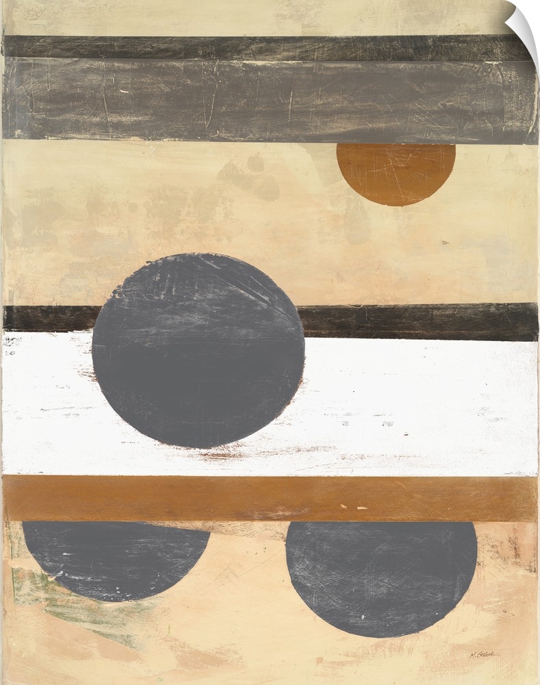 Abstract painting with a striped background and circles on top in neutral colors.
