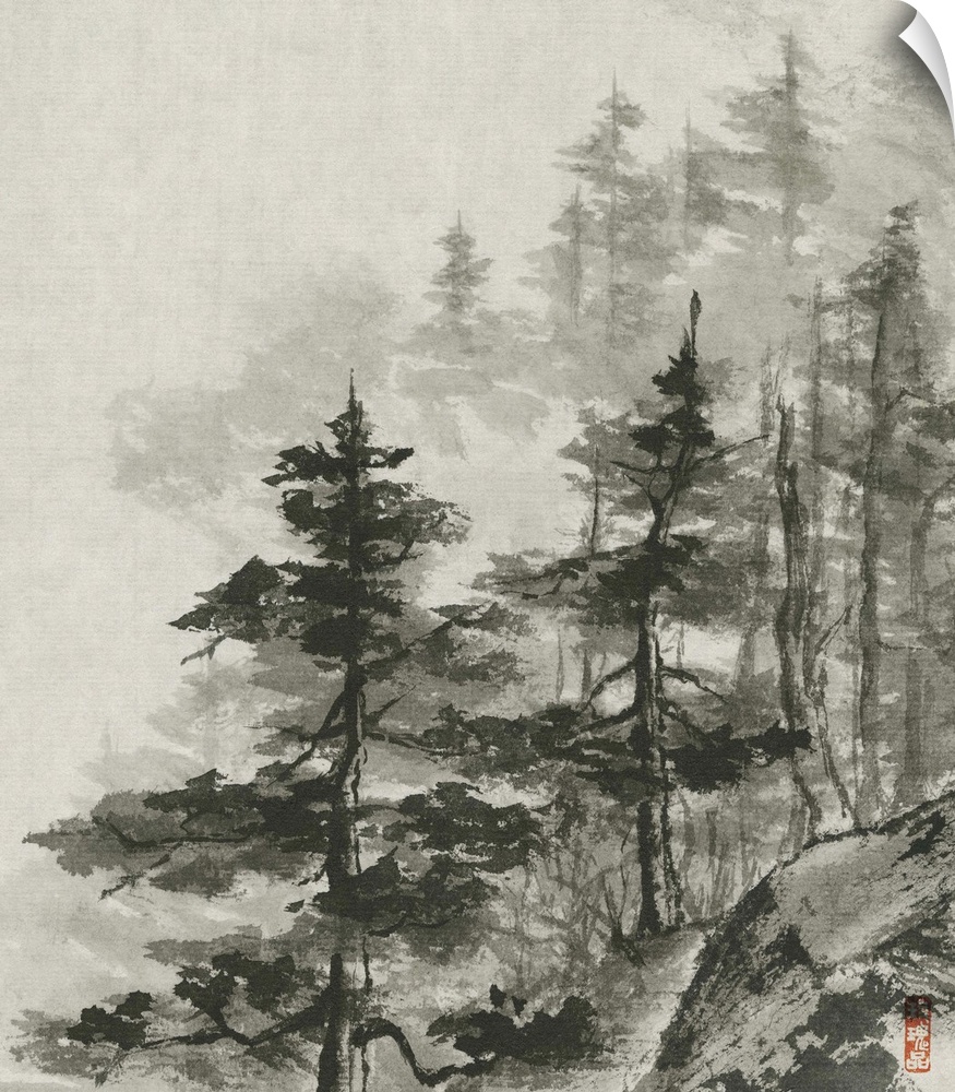Contemporary ink painting of a forest shrouded in fog.