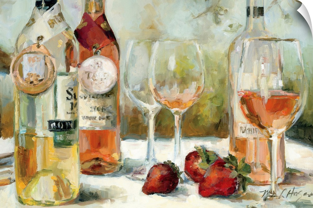 Decorative art for the kitchen a still life painting of three rose and white wines on a table with three strawberries.