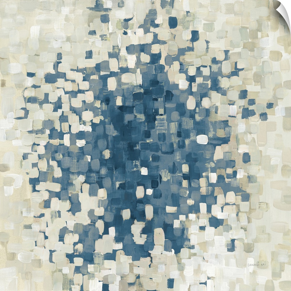 Square abstract decor with small, thick brushstrokes in all directions in neutral tones and dark blue.