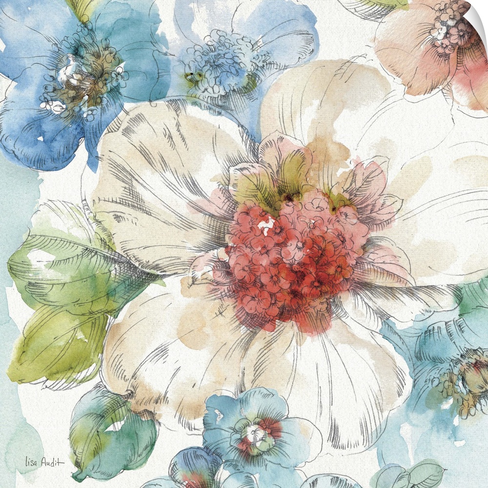 Contemporary watercolor artwork of big beautiful flowers against a white background.