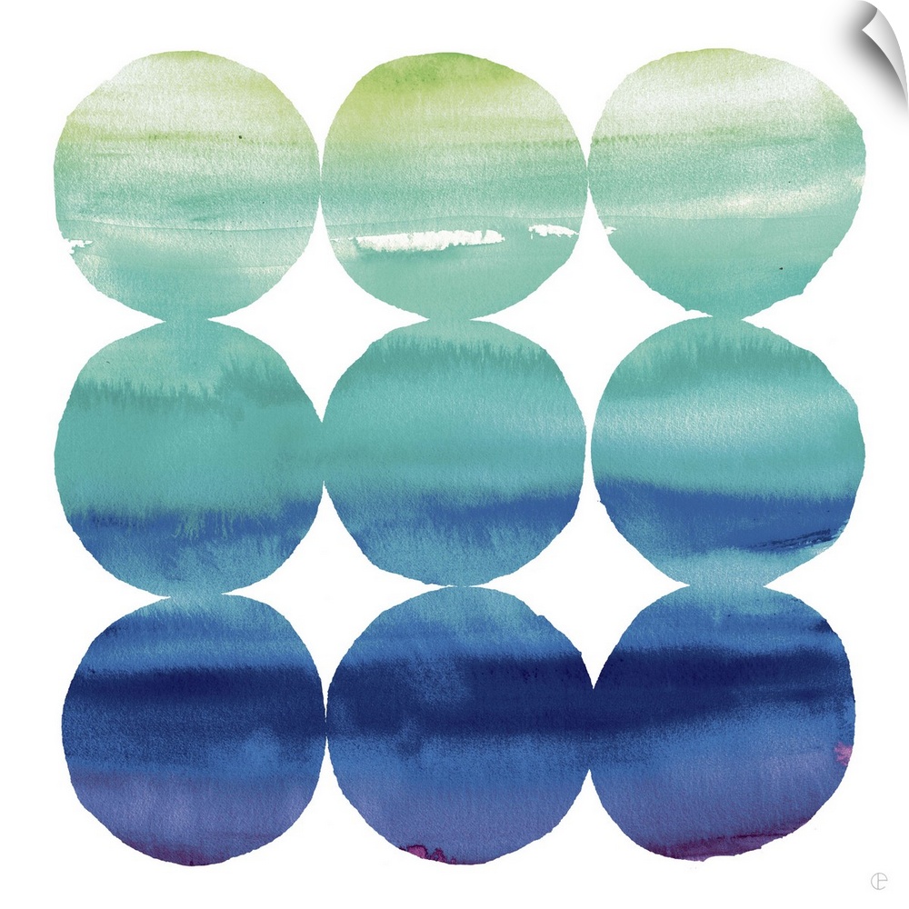 Nine watercolor circles in blue and green tones.