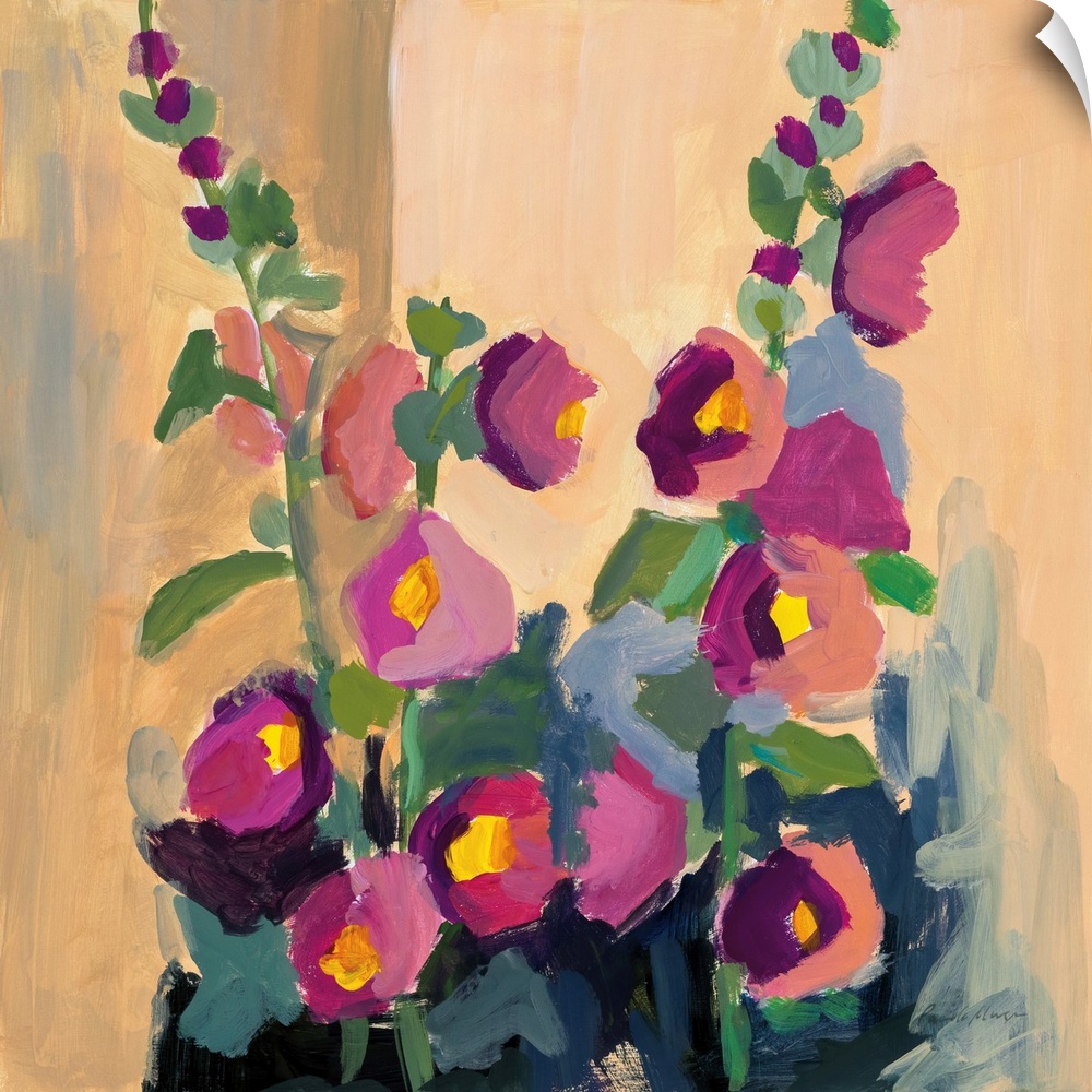 An abstracted floral painting in an impressionist style - simple blocks of pink and orange make up the tall stems of flowe...