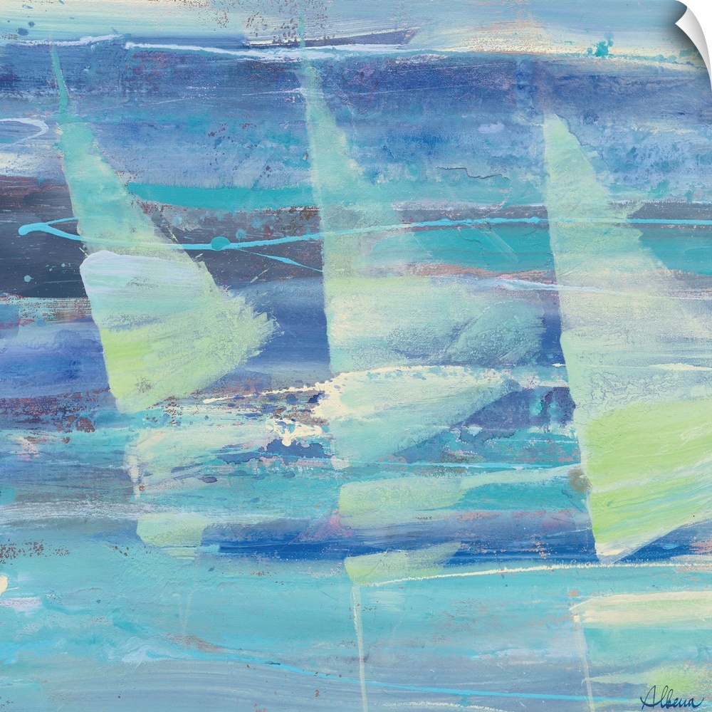 Contemporary painting of three sailboats on the water in varying shades of blue and green.