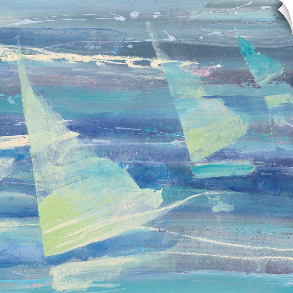 Contemporary painting of three sailboats on the water in varying shades of blue and green.