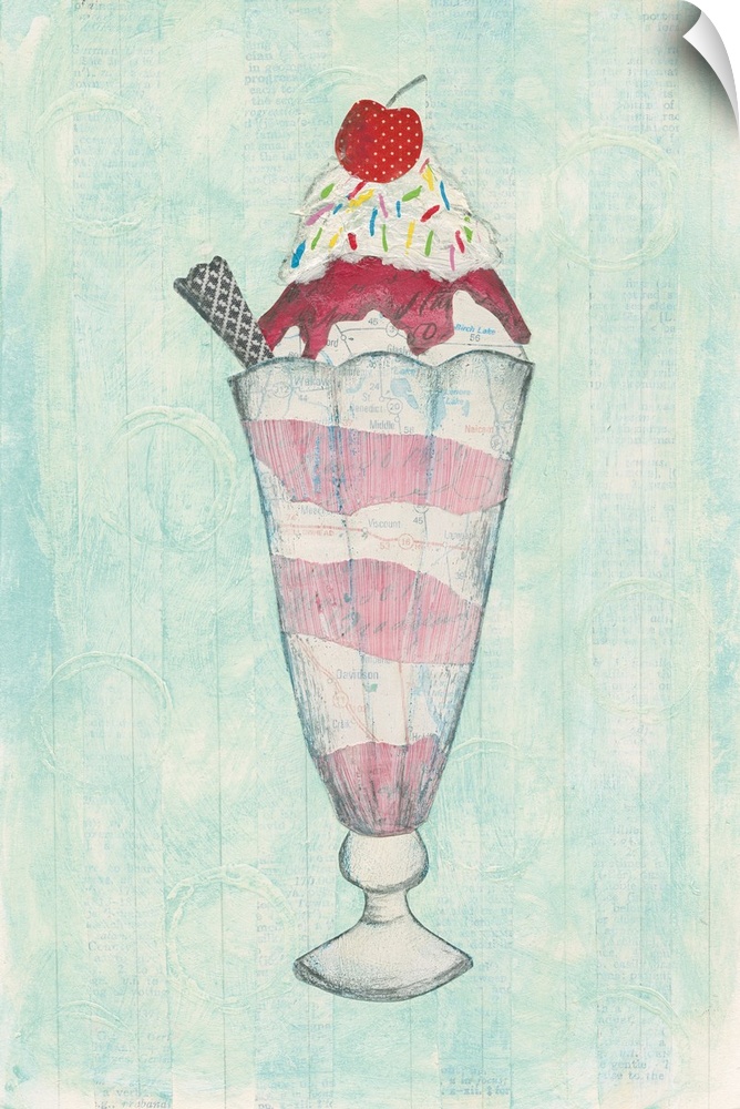 Cute painting of ice cream in a tall glass with a cherry on top.
