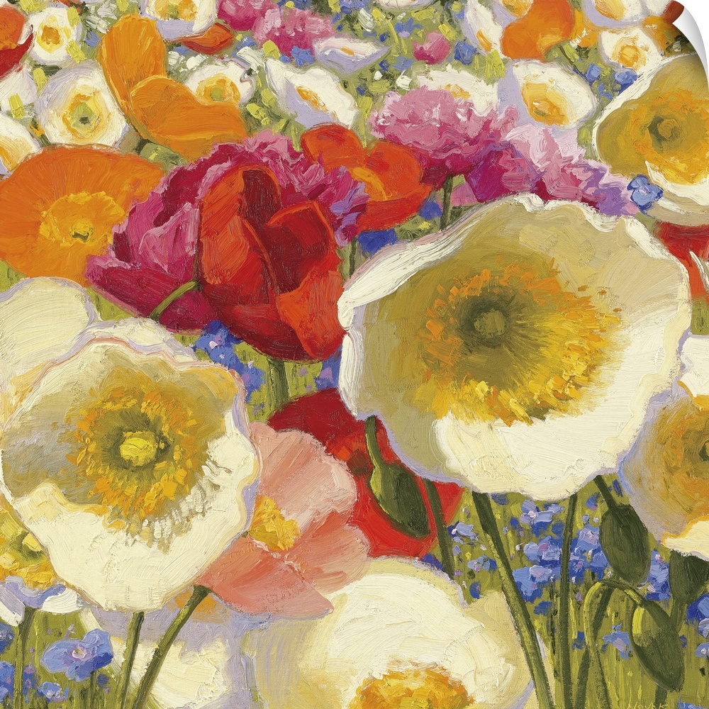Large and colorful flowers are drawn grouped together with pops of small blue flowers throughout.
