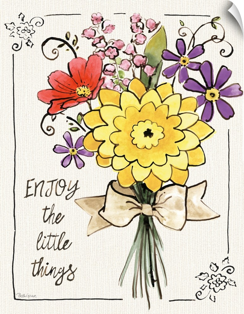 "Enjoy The Little Things" written on the side of a colorful bouquet of flowers.