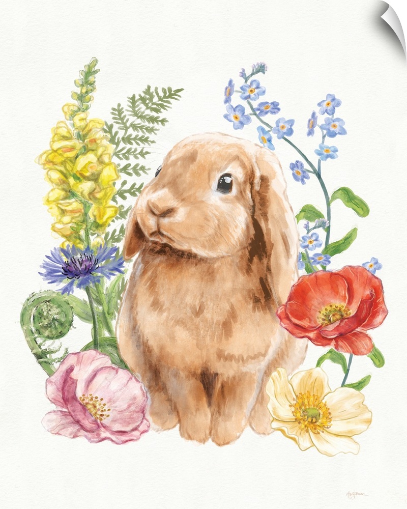 Spring watercolor decor with cute brown bunny surrounded by wildflowers.