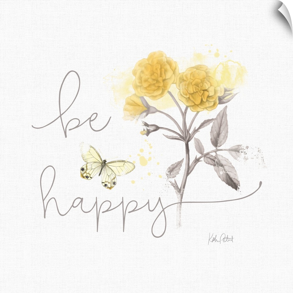 Square watercolor painting of yellow daffodils and a butterfly with the phrase "be happy" written in cursive.