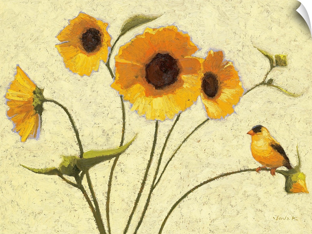 Contemporary painting of bright yellow flowers against a beige background.