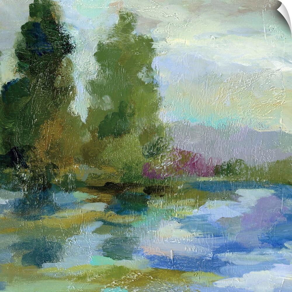 Contemporary painting of a lake with tall trees on the shore.