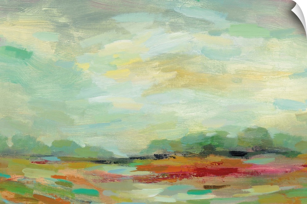 Colorful abstract landscape resembling a field at sunrise created with small horizontal brushstrokes.