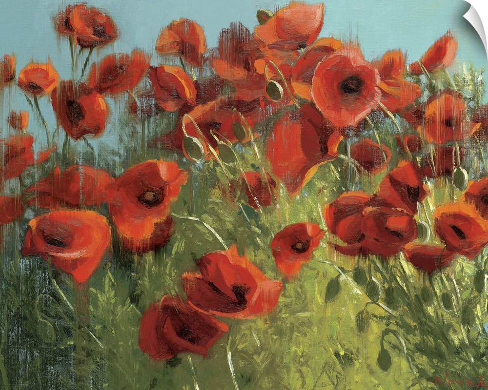 Landscape, floral painting of many vibrant poppies in a grassy field against a blue sky.