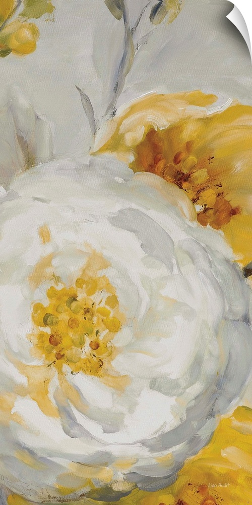 Vertical contemporary painting of large yellow and white flowers against a gray backdrop.