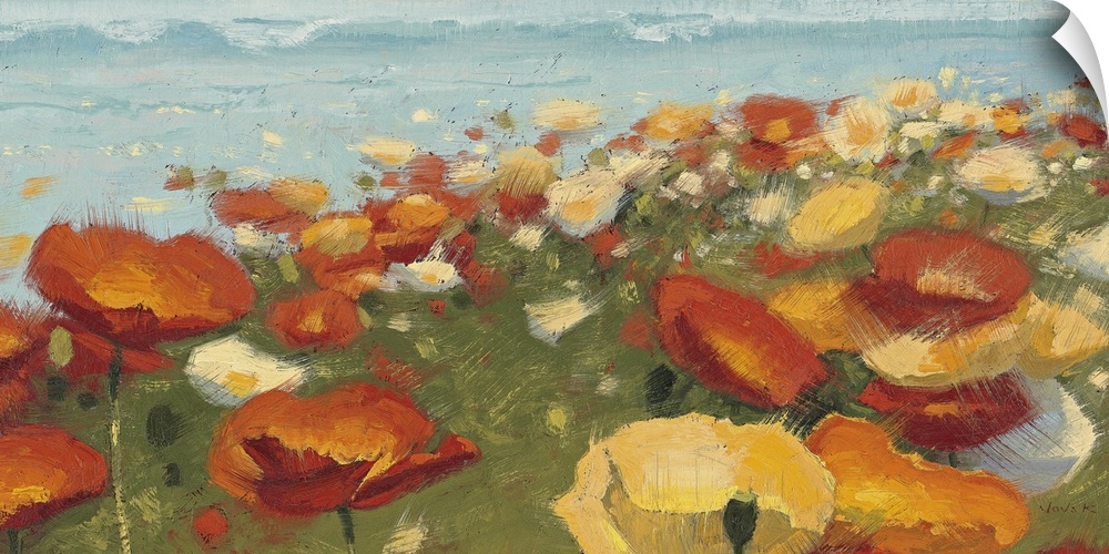 Brightly colored flowers made up of broad brush strokes overlook the ocean with crashing waves.